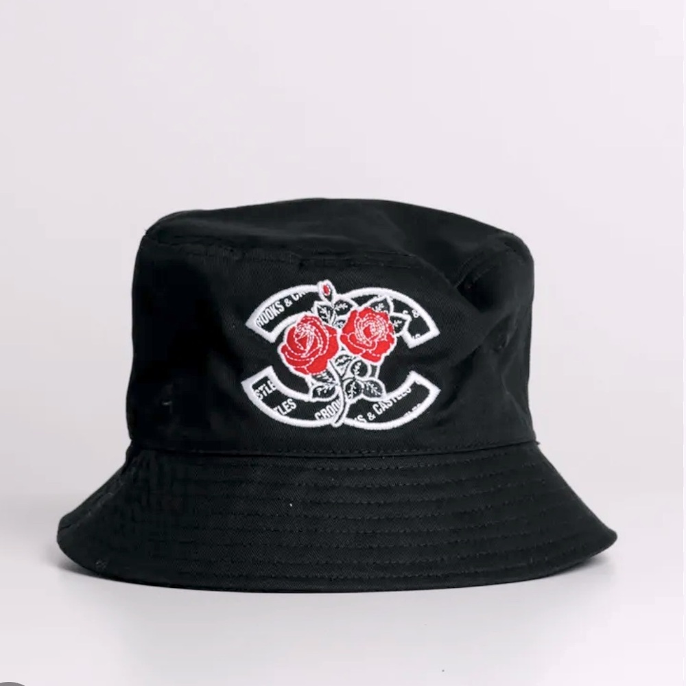 Crooks & Castles Black Bucket Hat with Red Rose Embroidery